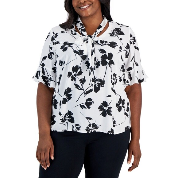 Kasper Plus Size Printed Tie-Neck Flutter-Sleeve Top, Vanilla Ice/Black, 1X - Picture 1 of 1